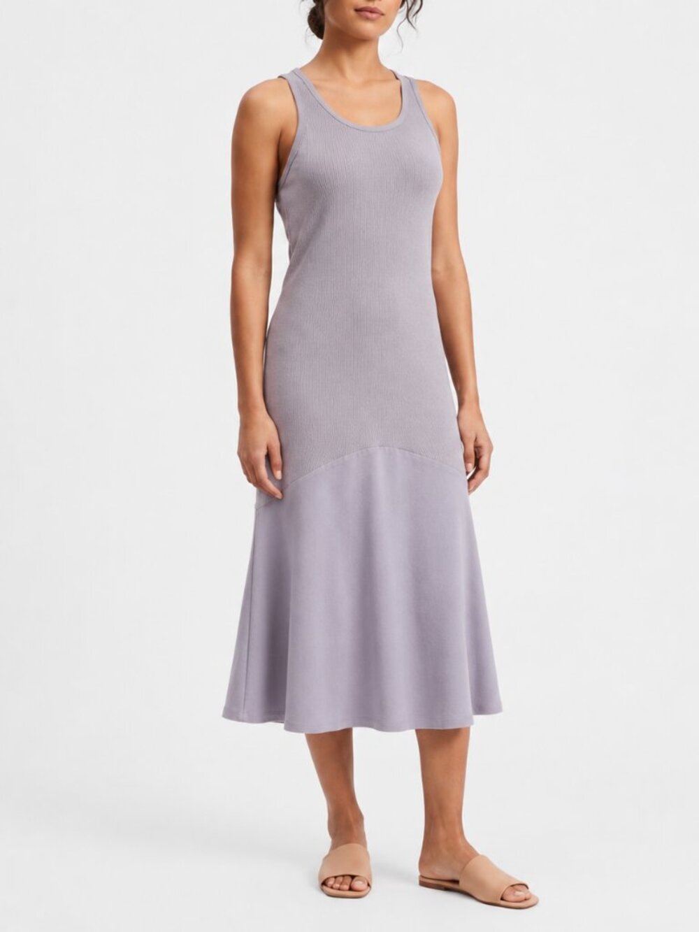 Athleta Lavender Gray Ribbed Fit & Flare Sleeveless Tank Midi Dress SZ Medium